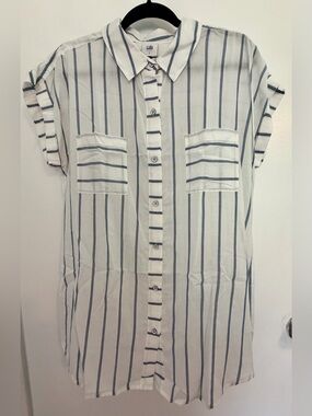 CAbi White Button-Down Tunic with Blue Vertical Stripes